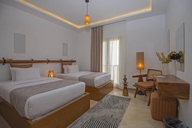 Lüks mobilyaların iç dizayn dekorasyonu, ev odası, mobilyalar ve balkon teraslı ikiz yataklar.