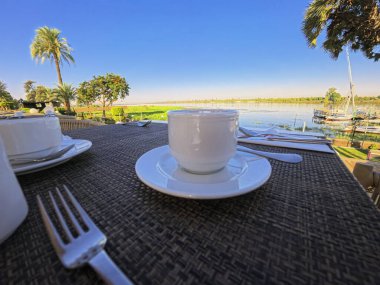 Çay fincanı al fresco kahvaltı seti panoramik manzara manzaralı geniş tropikal nehir manzaralı
