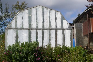 Doğrudan güneş ışığına karşı kaplanmış eski bir bahçe serası. Sebze ve diğer bitkiler için bir yer..