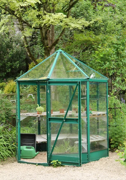 Oktangulärt Glas Trädgård Växthus Med Trähyllor — Stockfoto