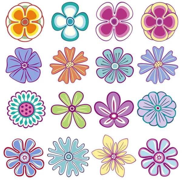 ベクトルコレクションの16個の個別の独立したスタイルの花弁の花の明るい色 — ストックベクタ