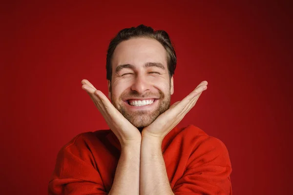 Young Bristle Man Wearing Sweater Smiling Gesturing Isolated Red Background — Stock Photo, Image