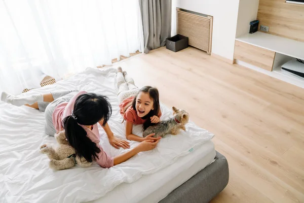 Азійська Мати Дочка Сміються Лежачи Ліжку Своїм Собакою Вдома — стокове фото