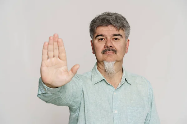 Mature Man Grey Beard Showing Stop Gesture Camera Isolated White — Stock Photo, Image