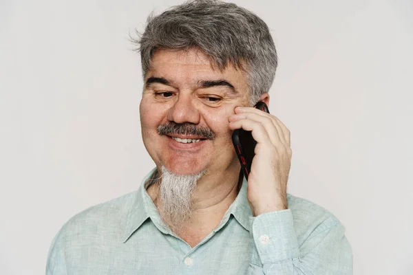 Senior Grey Man Mustache Beard Talking Cellphone Isolated White Background — Stock Photo, Image