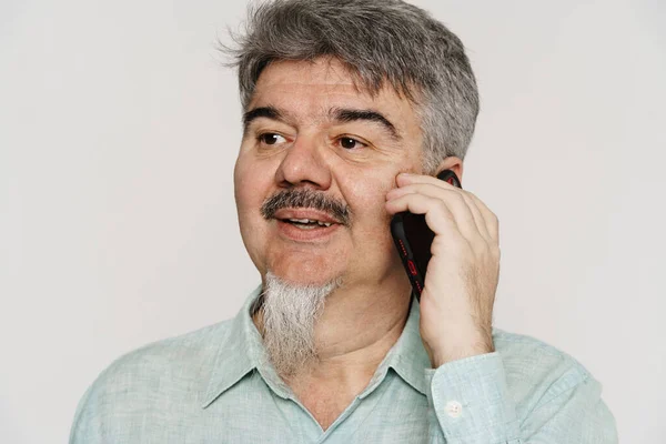 Senior Grey Man Mustache Beard Talking Cellphone Isolated White Background — Stock Photo, Image