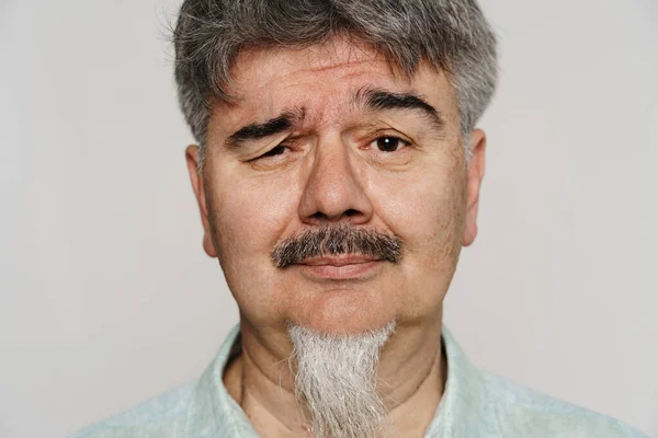 Senior Sad Man Mustache Beard Looking Camera Isolated White Background — Stock Photo, Image