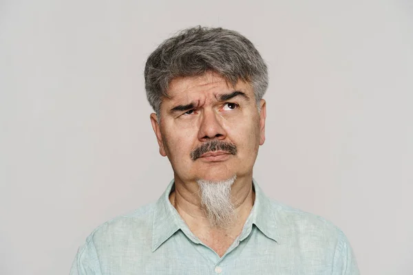 Senior Puzzled Man Mustache Beard Looking Upward Isolated White Background — Stock Photo, Image