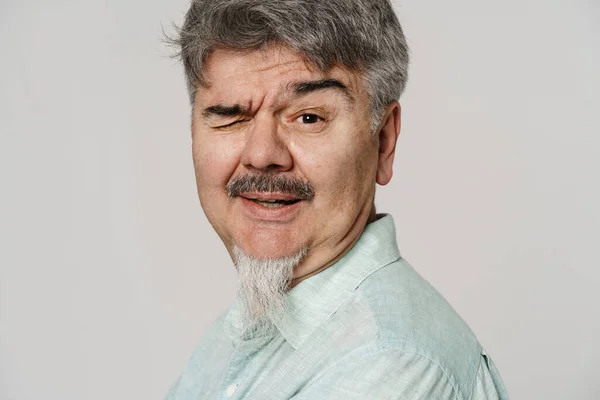 Senior Grey Man Mustache Beard Winking Camera Isolated White Background — Stock Photo, Image