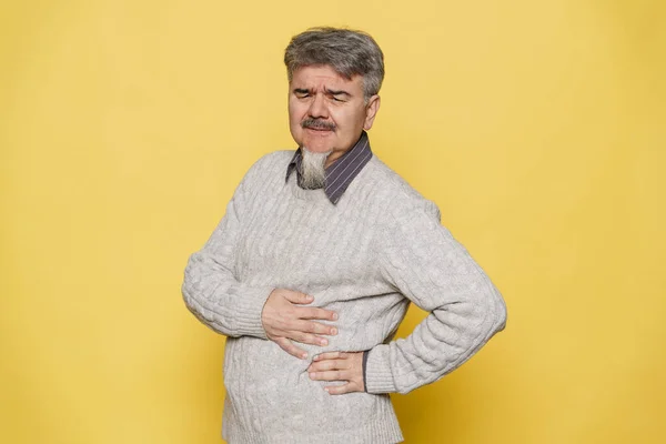 Mature Sad Man Grey Beard Holding Hands His Belly Isolated — Stock Photo, Image