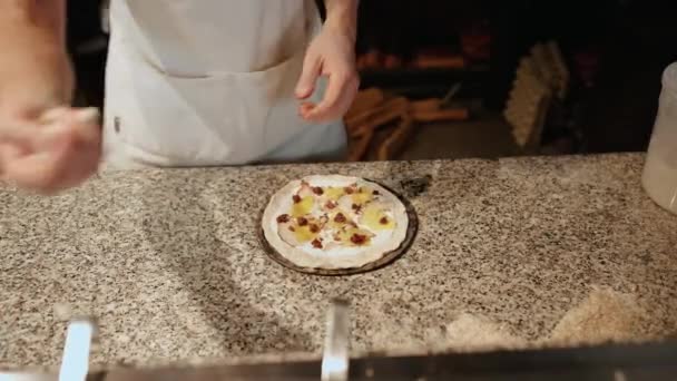 Erkek Şef Restoranın Mutfağına Tavuk Sarımsak Soslu Tortilla Peyniri Ekliyor — Stok video