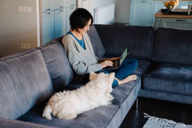 Beyaz, olgun bir kadın evinde köpeğiyle otururken dizüstü bilgisayar kullanıyor.