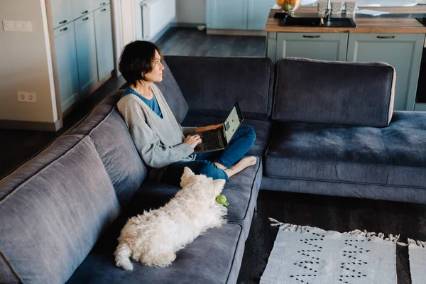 Beyaz Olgun Bir Kadın Evinde Köpeğiyle Otururken Dizüstü Bilgisayar Kullanıyor — Stok fotoğraf