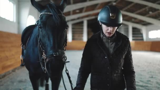 Donna Seria Cavaliere Indossando Casco Piedi Con Cavallo Nella Stalla — Video Stock