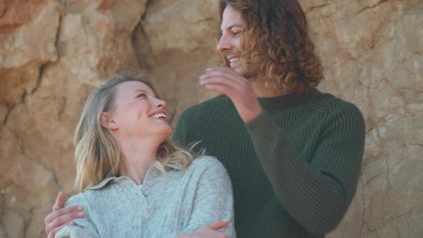 Cute Couple Talking Beach Sea — Stock Video