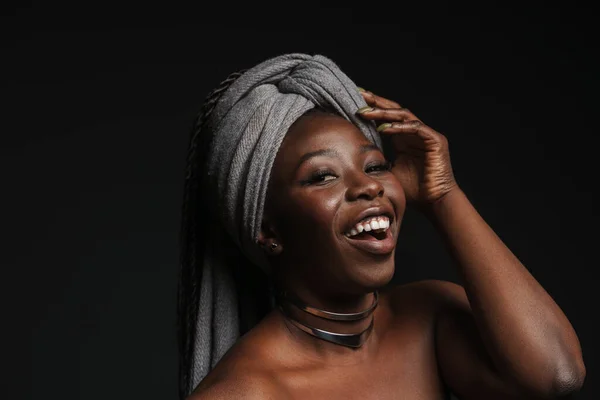 Shirtless Black Woman Wearing Headscarf Laughing Camera Isolated Dark Background — Stock Photo, Image