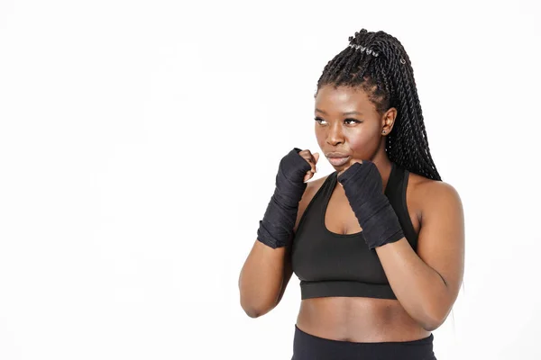 Black Young Woman Looking Aside While Posing Boxing Bandage Isolated — Stock Photo, Image