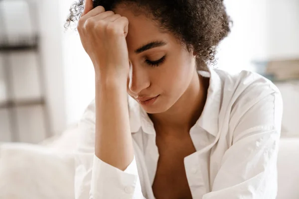 Young Black Woman Being Upset Thinking Abortion While Sitting Sofa — Stock Photo, Image