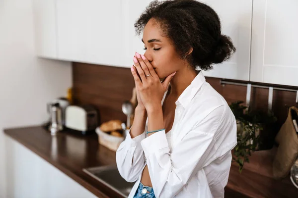 Young Black Woman Being Upset Thinking Abortion Home — Stock Photo, Image
