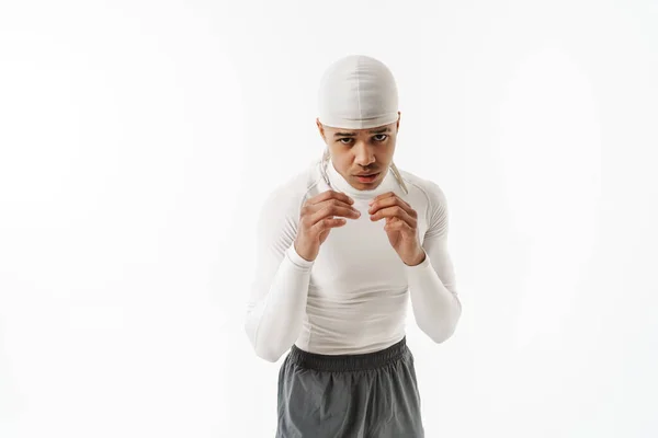 Young Sportsman Wearing Bandana Boxing While Working Out Isolated White — Stock Photo, Image