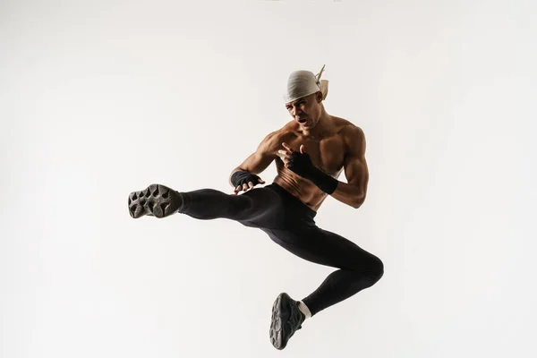 Young Shirtless Sportsman Kicking Jumping While Working Out Isolated White — Stock Photo, Image