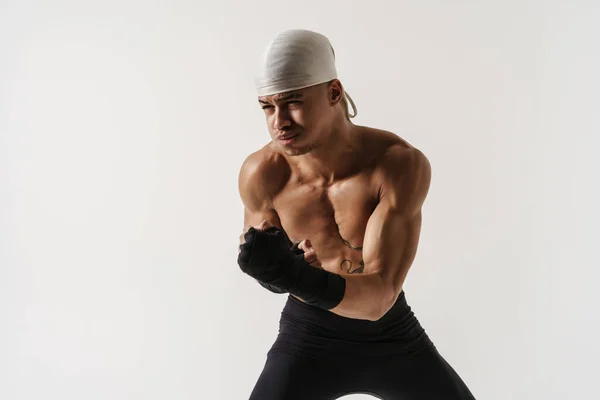 Young Shirtless Sportsman Boxing While Working Out Isolated White Background — Stock Photo, Image