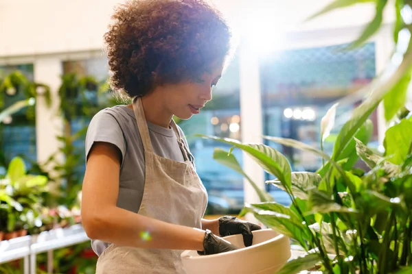Beautiful Young Florist Girl Holding Plant Pot While Working Flower — Stock Photo, Image