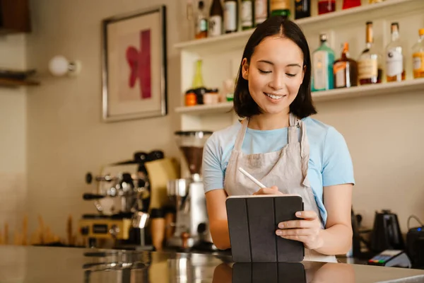 Young Asian Waitress Woman Working Tablet Computer Cafe — Stock Photo, Image