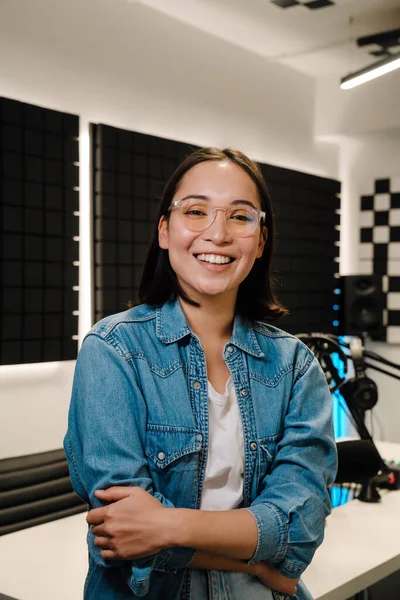 Beautiful Happy Young Female Radio Host Smiling While Broadcasting Studio — Stock Photo, Image