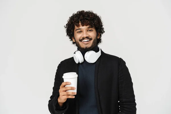 Adult Young Indian Smiling Curly Man Coffee Looking Camera Grey — ストック写真