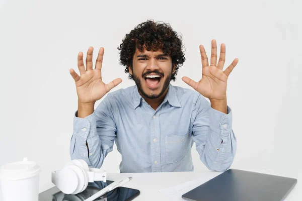 Adult Indian Office Employee Sitting Office Table Shouting Raised Hands — Stock Photo, Image