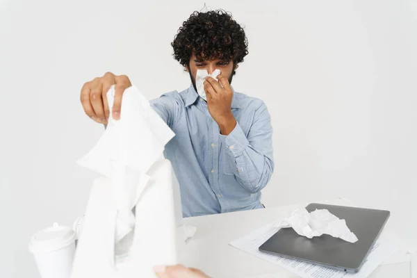 Young Indian Office Employee Blowing His Nose Office Table Grey — Stock Photo, Image