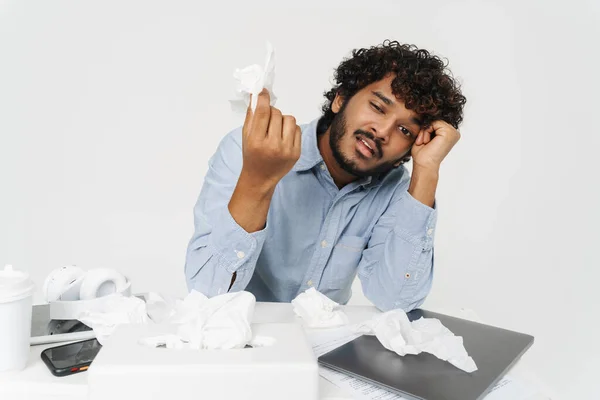 Exhausted Indian Office Employee Sitting Office Table Holding Napkin Grey — Stock Photo, Image