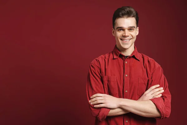 Young White Man Wearing Shirt Smiling Looking Camera Isolated Red — Stock Photo, Image