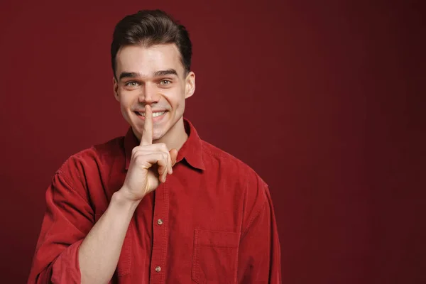 Young White Man Smiling Showing Silence Gesture Camera Isolated Red — Stock Photo, Image