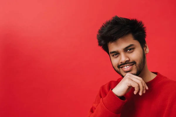 Young Brunette Indian Man Smiling While Posing Camera Isolated Red — ストック写真