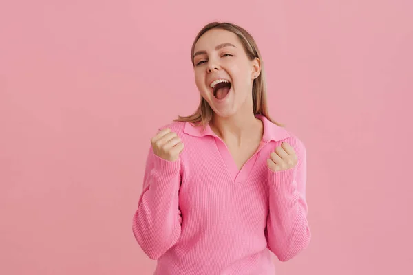 Young Beautiful White Woman Wearing Shirt Screaming Winner Clenching Her — Stock Photo, Image