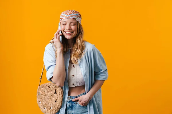 Young Blonde Woman Wearing Bandanna Smiling Talking Cellphone Isolated Yellow — Stock Photo, Image