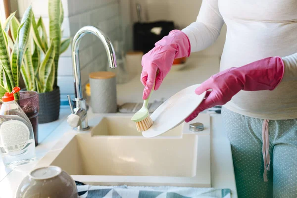 Female Hands Pink Gloves Washing Dishes Brush Close — Foto de Stock