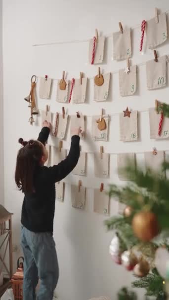Skoncentrowany Brunetka Dziewczyna Liczy Daty Kalendarzu Tkaniny Boże Narodzenie — Wideo stockowe