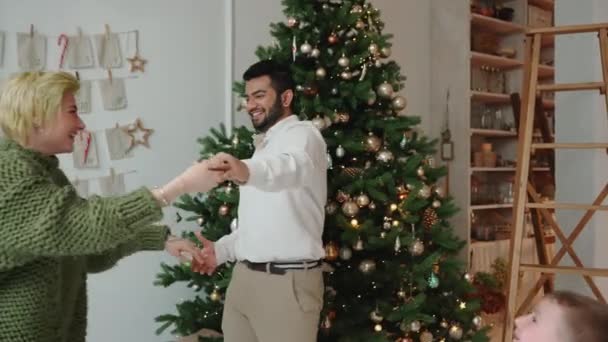 Funny Multinational Friends Dancing Christmas Tree Home — Video Stock