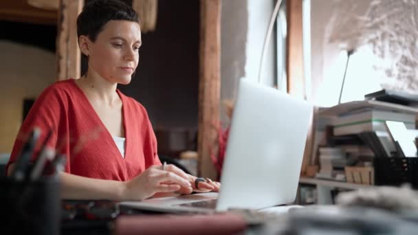 Pensive Brunette Woman Architect Working Laptop While Sitting Office — Stock video