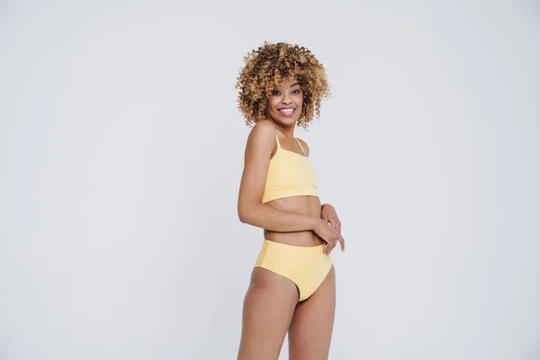Young Black Woman Wearing Underclothes Smiling Posing Camera Isolated White — Stock Photo, Image