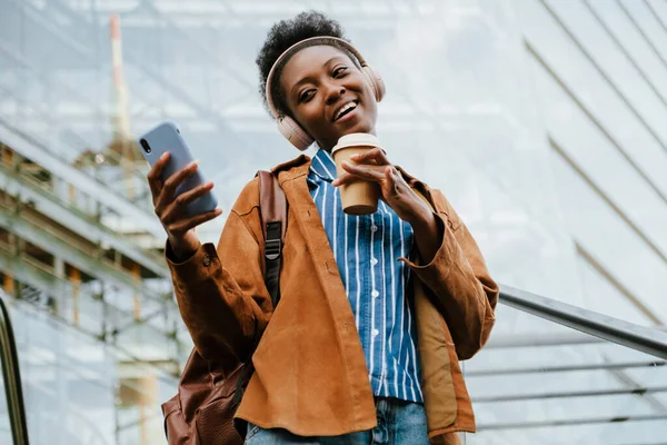 Young Beautiful African Smiling Happy Woman Headphones Coffee Taking Selfie — Stok fotoğraf
