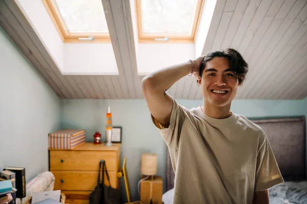 Young Asian Man Wearing Shirt Smiling Camera While Standing Home — Foto de Stock