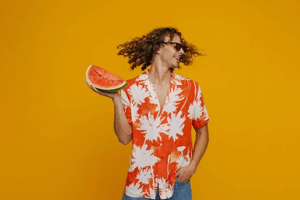 Ginger Man Sunglasses Laughing While Dancing Watermelon Isolated Yellow Background — Stok fotoğraf