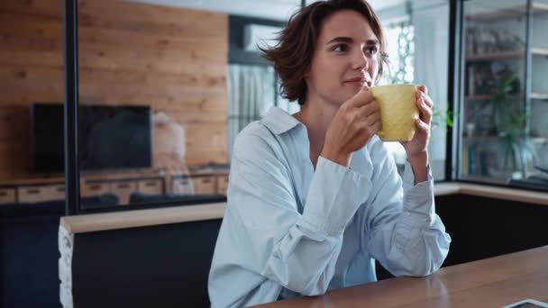 Handsome Brunette Woman Drinking Tea Talking Work Her Worker Office — Wideo stockowe