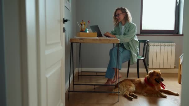 Linda Mulher Cabelos Cacheados Trabalhando Laptop Acariciando Seu Cão Deitado — Vídeo de Stock