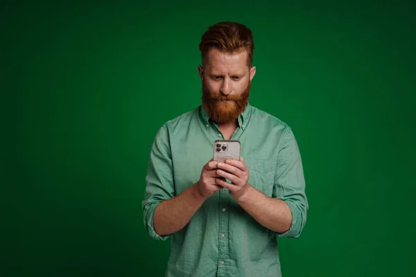 Adult Handsome Stylish Bearded Calm Man Green Shirt Holding Using — 图库照片