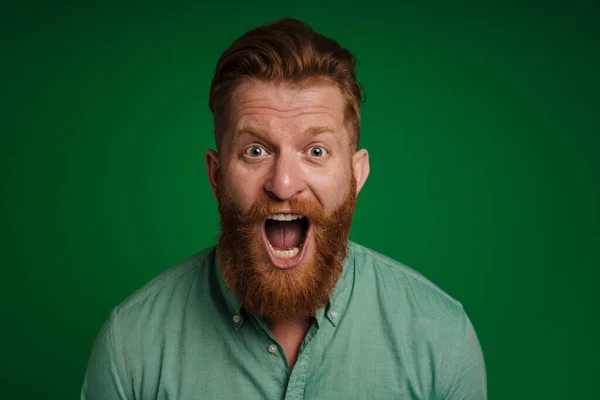 Portrait Adult Handsome Stylish Bearded Shouting Man Green Shirt Looking — Stockfoto